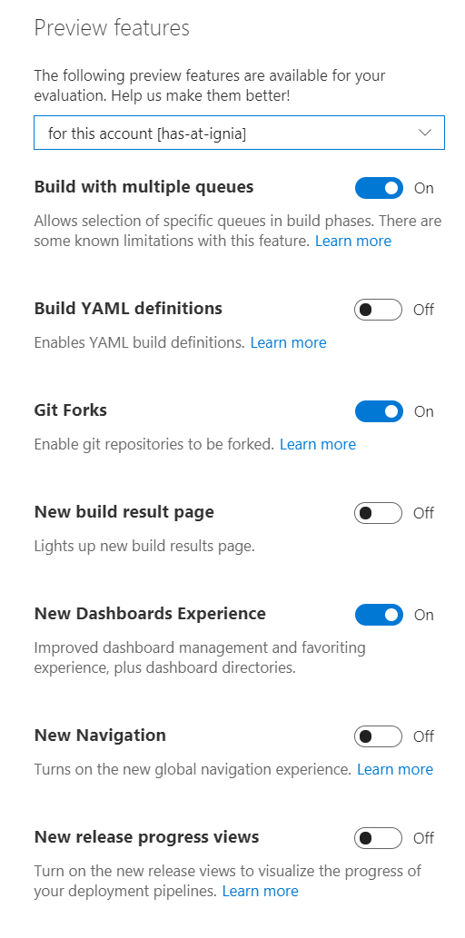 account level preview features on vsts