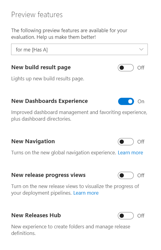 individual preview features on vsts