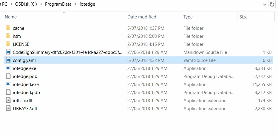 Location of IoT Edge config file